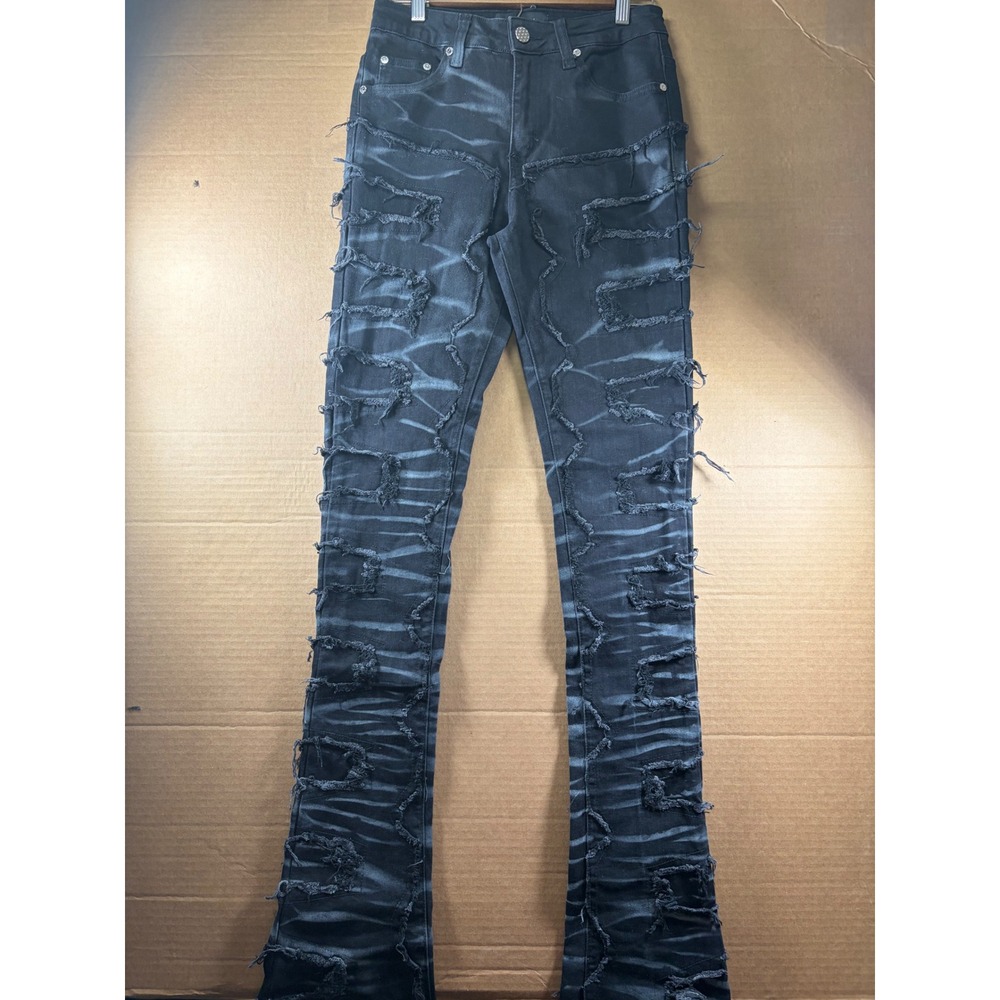 Guapi Stacked Distressed Jeans Mens Size 28 Black Skinny Stretch 36+ Inseam